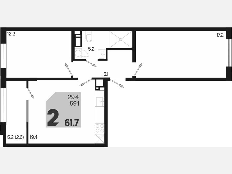 3-комнатная квартира, 61.70 м², 2/18 этаж фото 0