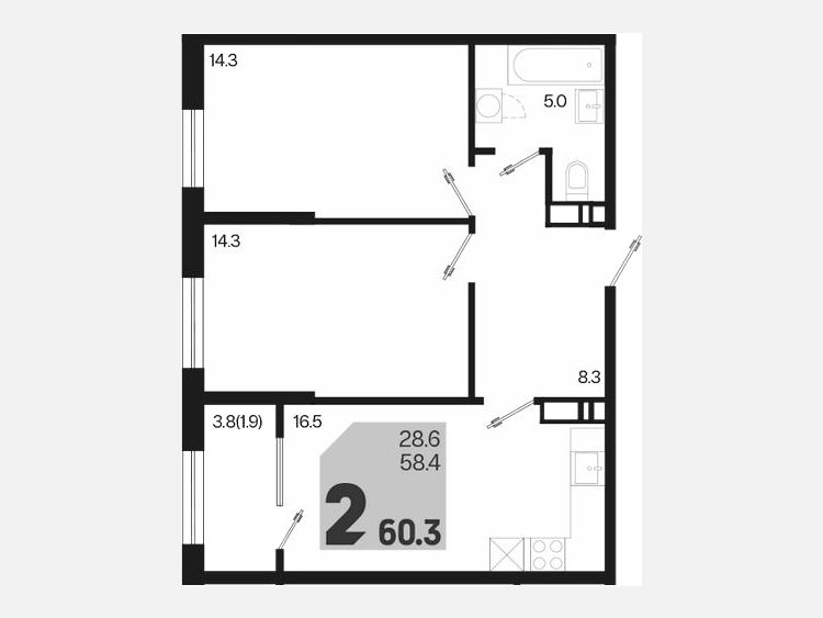 3-комнатная квартира, 60.30 м², 4/18 этаж фото 0
