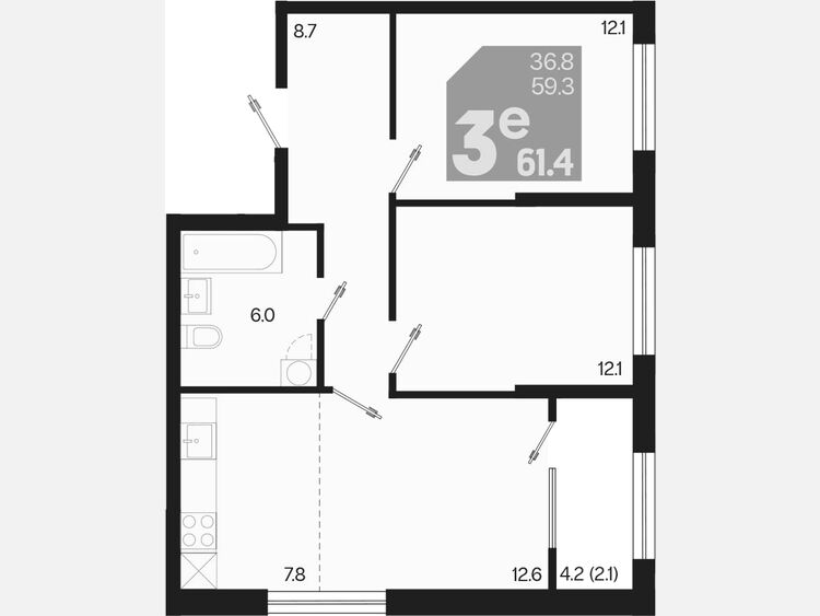 3-комнатная квартира, 61.40 м², 2/18 этаж фото 0