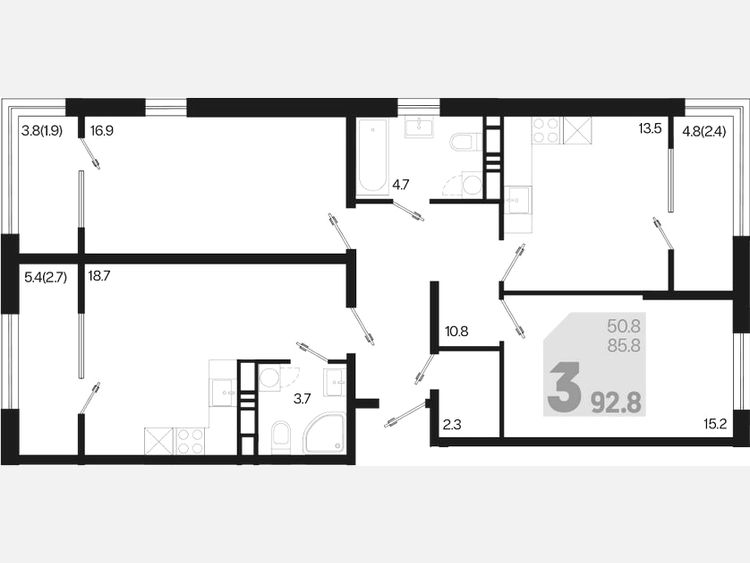 3-комнатная квартира, 92.80 м², 18/18 этаж фото 0
