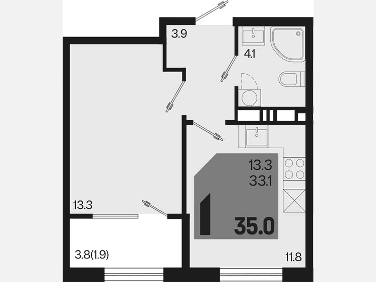 1-комнатная квартира, 35 м², 5/9 этаж фото 0