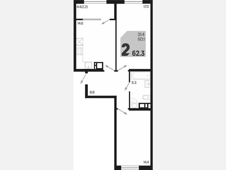 2-комнатная квартира, 62.30 м², 9/9 этаж фото 0