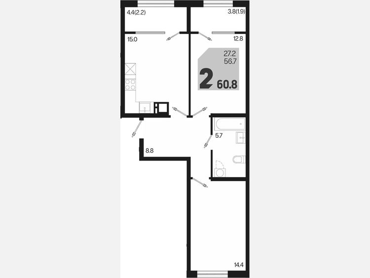 3-комнатная квартира, 60.80 м², 2/9 этаж фото 0