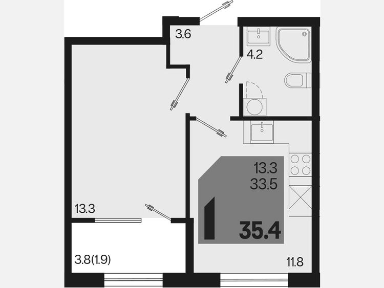 1-комнатная квартира, 35.40 м², 2/9 этаж фото 0