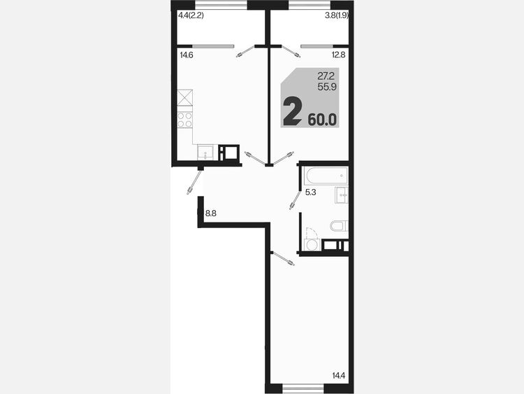 2-комнатная квартира, 60 м², 3/9 этаж фото 0