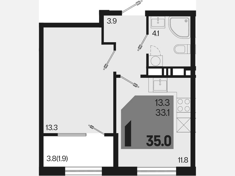 1-комнатная квартира, 35 м², 6/9 этаж фото 0