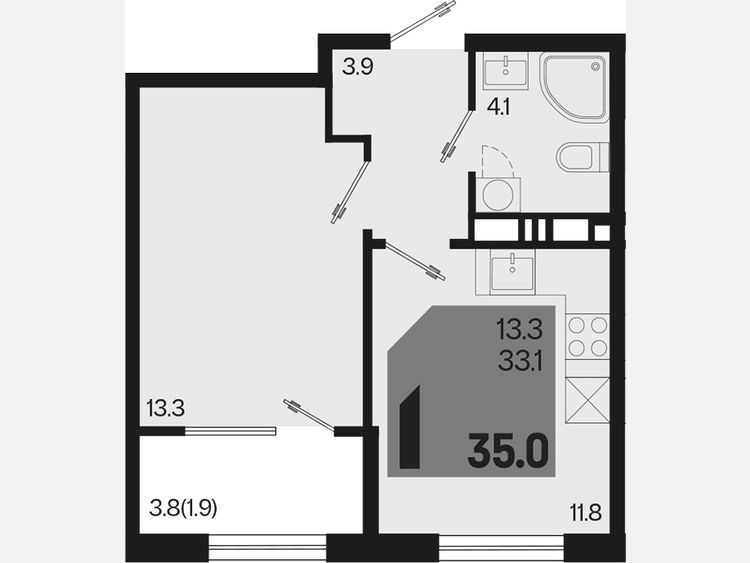 1-комнатная квартира, 35 м², 3/9 этаж фото 0