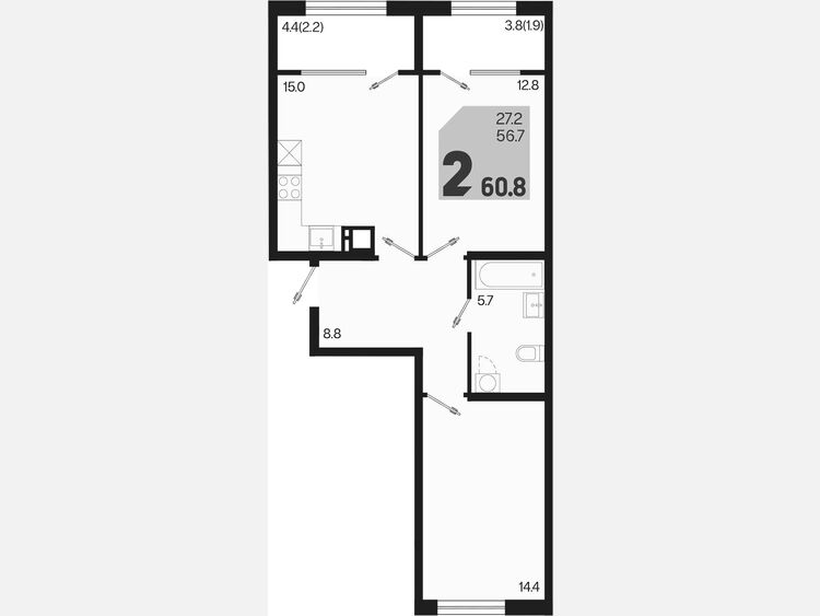 3-комнатная квартира, 60.80 м², 2/9 этаж фото 0