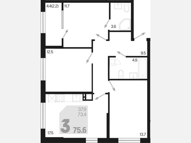 4-комнатная квартира, 75.60 м², 2/9 этаж фото 0