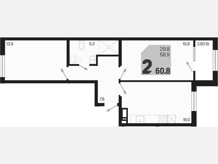 3-комнатная квартира, 60.80 м², 2/9 этаж фото 0