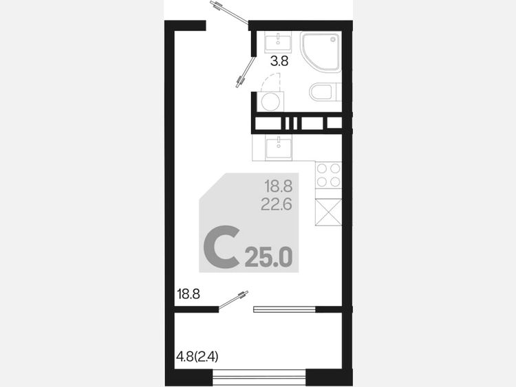 Студия, 25 м², 8/9 этаж фото 0