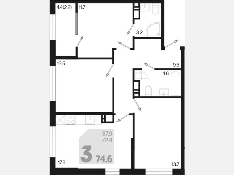 4-комнатная квартира, 74.60 м², 4/9 этаж фото 0