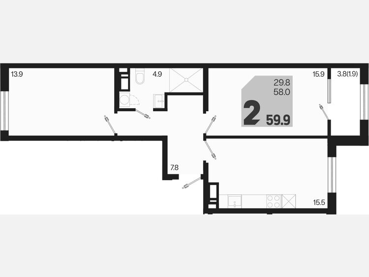 3-комнатная квартира, 59.90 м², 7/9 этаж фото 0