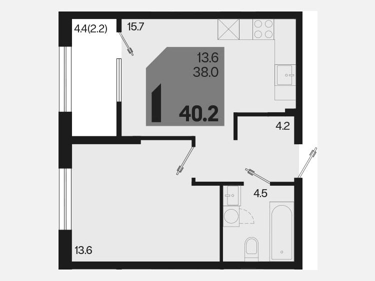 2-комнатная квартира, 40.20 м², 2/18 этаж фото 0