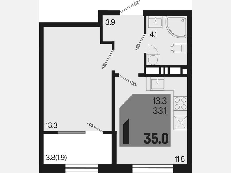 1-комнатная квартира, 35 м², 3/9 этаж фото 0
