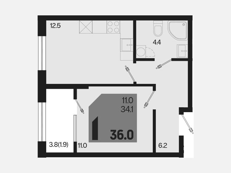 1-комнатная квартира, 36 м², 2/18 этаж фото 0