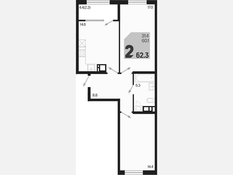 2-комнатная квартира, 62.30 м², 9/9 этаж фото 0