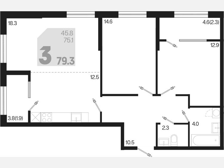 3-комнатная квартира, 79.30 м², 2/9 этаж фото 0