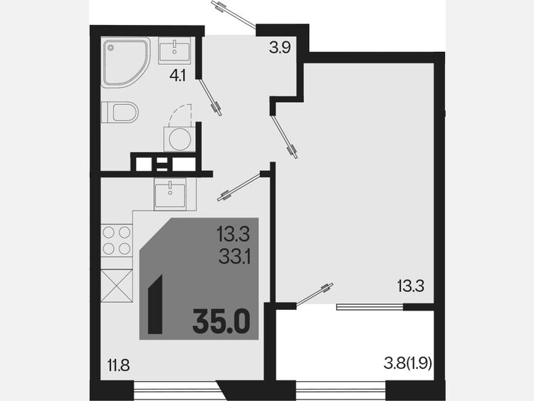1-комнатная квартира, 35 м², 9/9 этаж фото 0