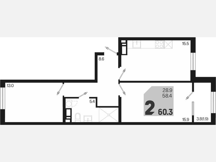 3-комнатная квартира, 60.30 м², 7/9 этаж фото 0