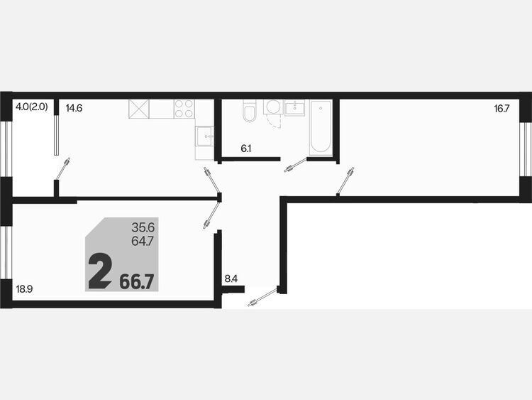 2-комнатная квартира, 66.70 м², 2/18 этаж фото 0