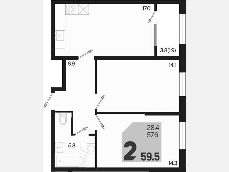 3-комнатная квартира, 59.50 м², 2/18 этаж фото 0