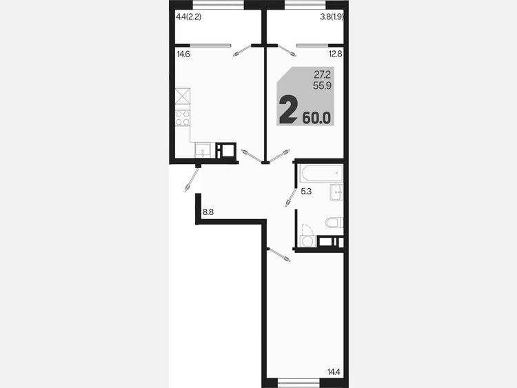 2-комнатная квартира, 60 м², 8/9 этаж фото 0