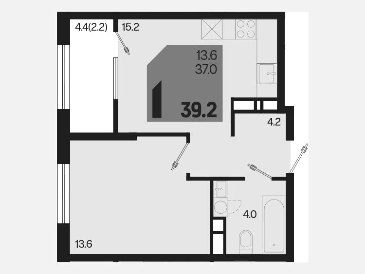 2-комнатная квартира, 39.20 м², 14/18 этаж фото 0