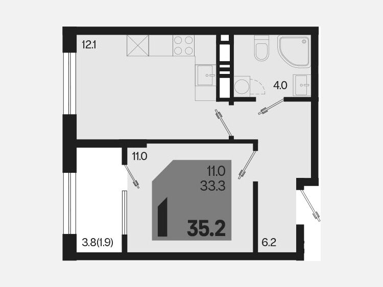 1-комнатная квартира, 35.20 м², 17/18 этаж фото 0