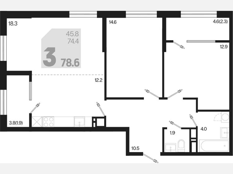 3-комнатная квартира, 78.60 м², 9/9 этаж фото 0