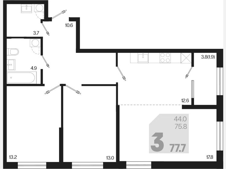 3-комнатная квартира, 77.70 м², 2/18 этаж фото 0