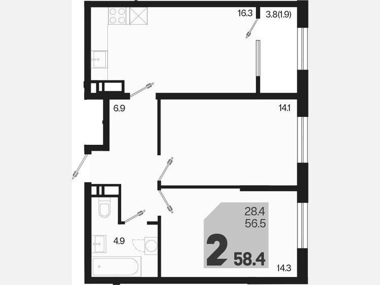 3-комнатная квартира, 58.40 м², 16/18 этаж фото 0