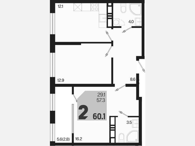 2-комнатная квартира, 60.10 м², 18/18 этаж фото 0