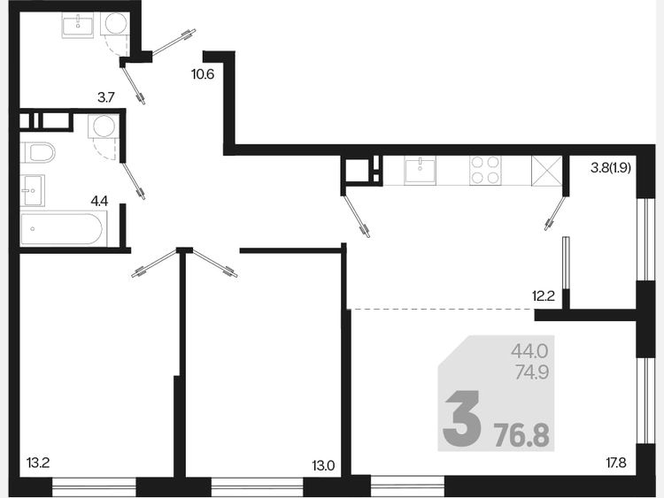 3-комнатная квартира, 76.80 м², 15/18 этаж фото 0