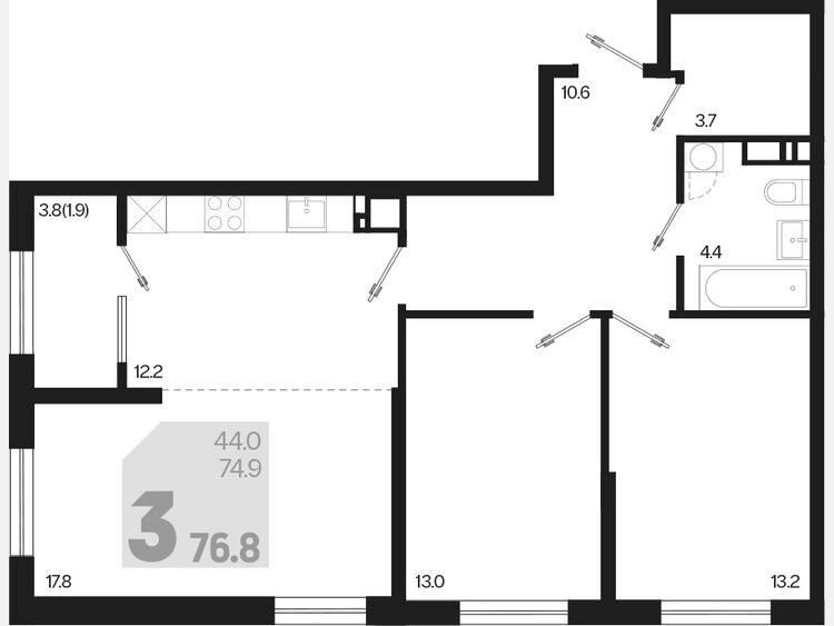3-комнатная квартира, 76.80 м², 3/18 этаж фото 0