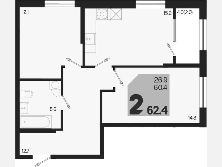 3-комнатная квартира, 62.40 м², 2/18 этаж фото 0