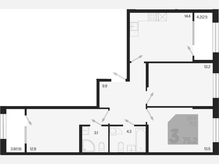 3-комнатная квартира, 75.20 м², 2/9 этаж фото 0