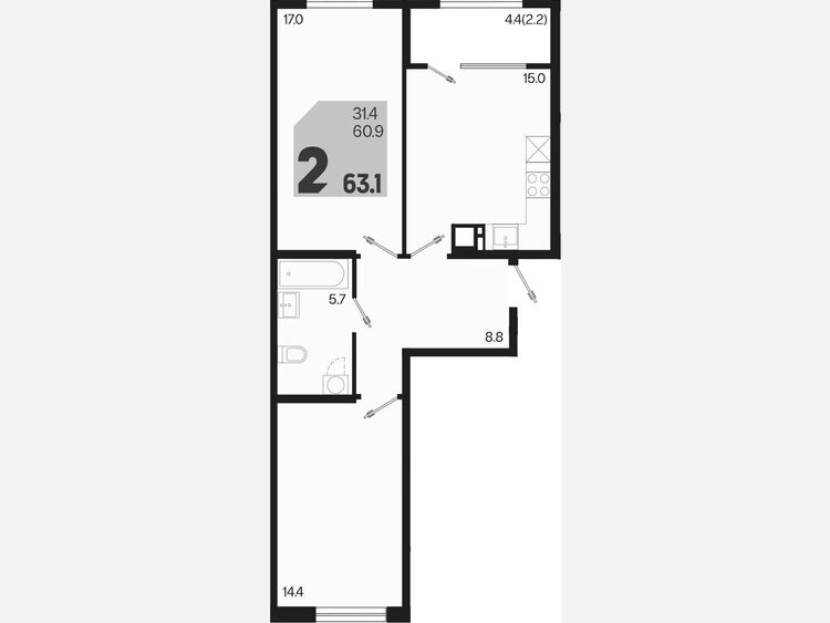 3-комнатная квартира, 63.10 м², 2/9 этаж фото 0