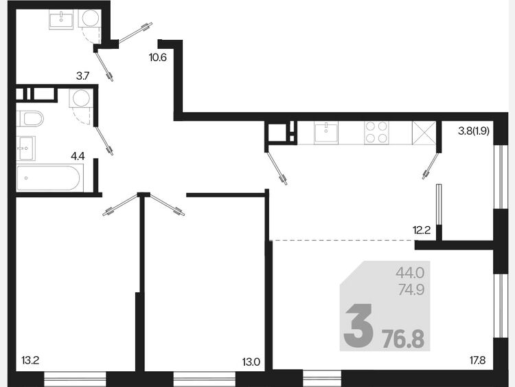 3-комнатная квартира, 76.80 м², 18/18 этаж фото 0