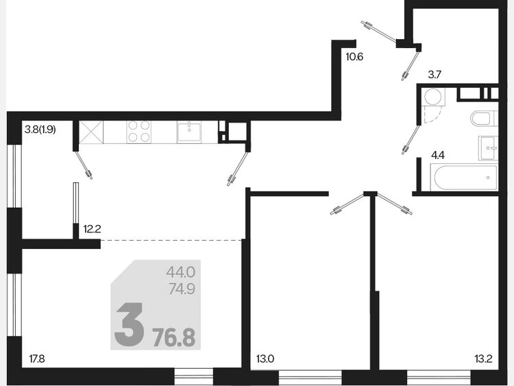 3-комнатная квартира, 76.80 м², 18/18 этаж фото 0