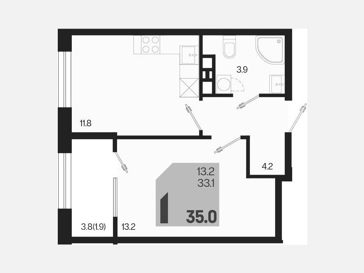 1-комнатная квартира, 35 м², 4/9 этаж фото 0