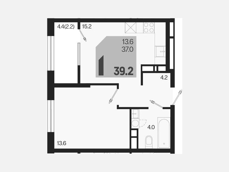 2-комнатная квартира, 39.20 м², 17/18 этаж фото 0