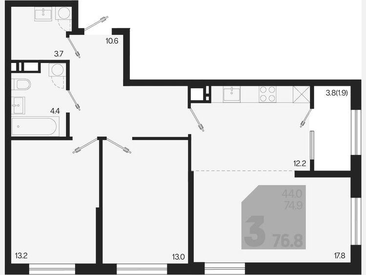 3-комнатная квартира, 76.80 м², 16/18 этаж фото 0