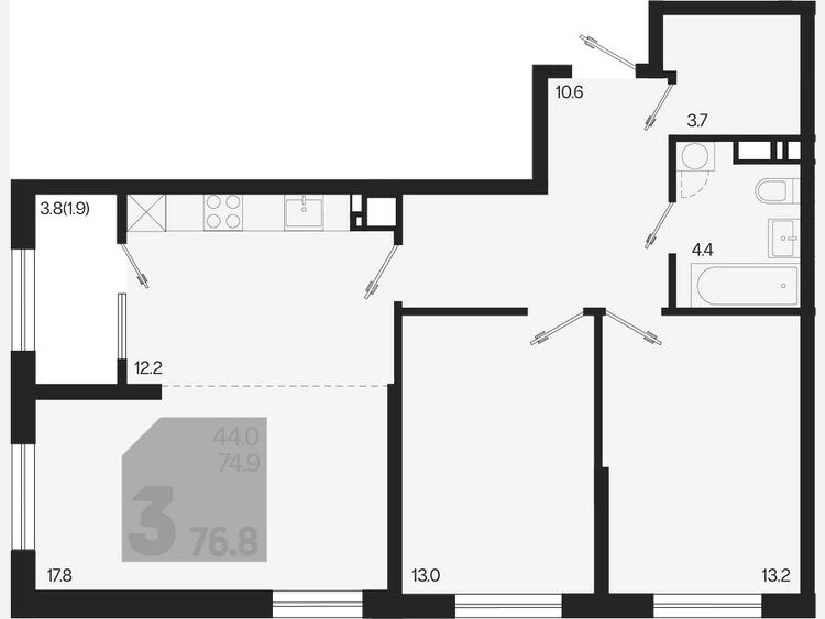 3-комнатная квартира, 76.80 м², 3/18 этаж фото 0