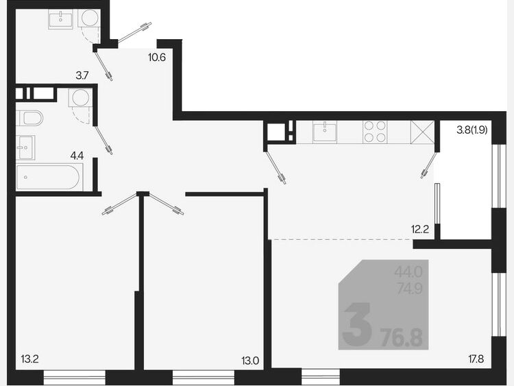 3-комнатная квартира, 76.80 м², 18/18 этаж фото 0