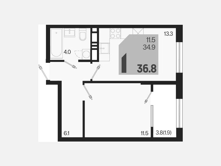 1-комнатная квартира, 36.80 м², 8/18 этаж фото 0