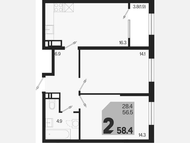 3-комнатная квартира, 58.40 м², 4/18 этаж фото 0