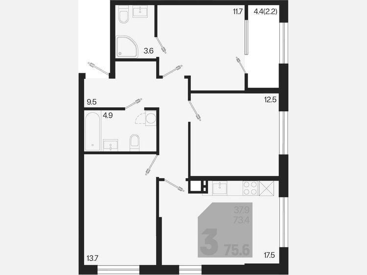 4-комнатная квартира, 75.60 м², 2/9 этаж фото 0