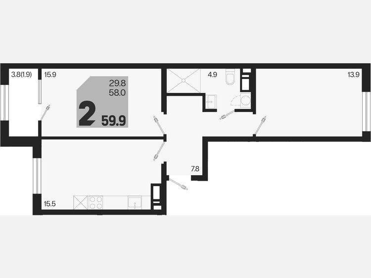 3-комнатная квартира, 59.90 м², 7/9 этаж фото 0