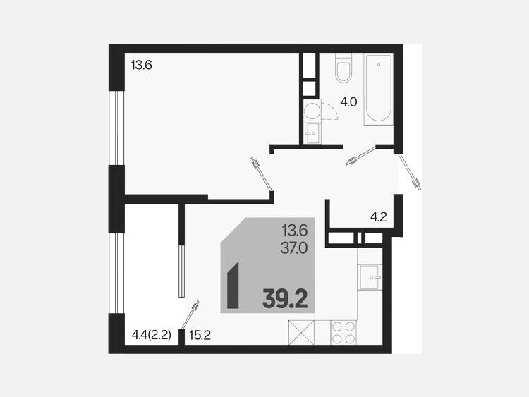 2-комнатная квартира, 39.20 м², 11/18 этаж фото 0